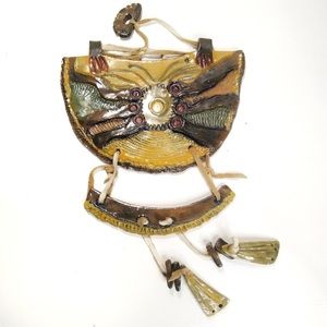 Vintage art handmade ceramic wall hanging leather